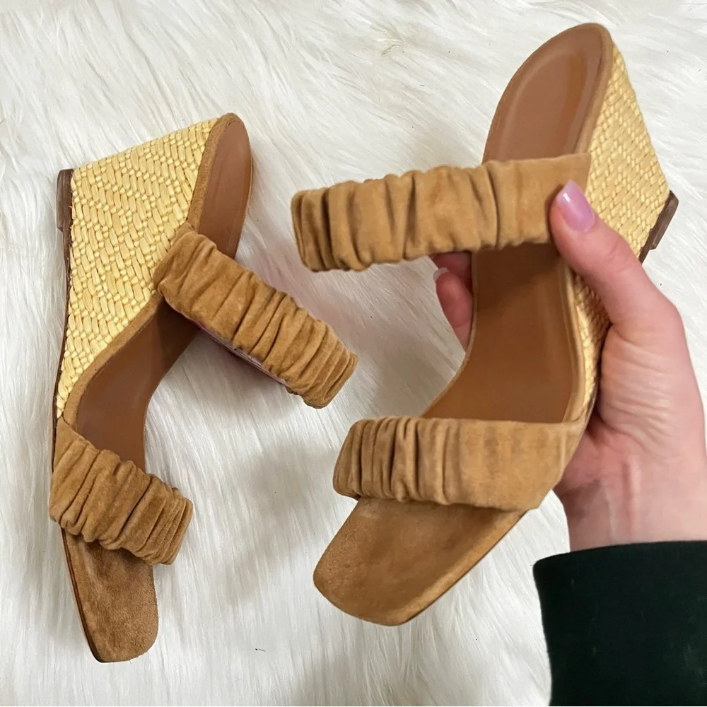 STAUD Tan Suede Frankie Ruched Leather Caramel Wedges Strappy Sandals sz. 9